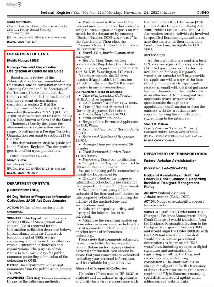 Washington designó a partir de este 24Nov al Cartel de los Soles como «grupo terrorista»