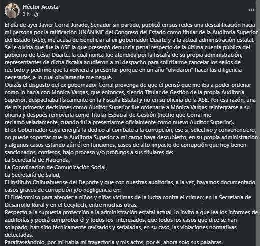 Me pidió Corral retirar sellos de una auditoría: Héctor Acosta