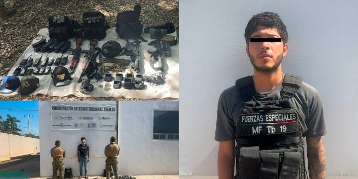 Detienen a hombre con armas largas y munición en El Dorado, Sinaloa: portaba un chaleco antibalas con las siglas MF