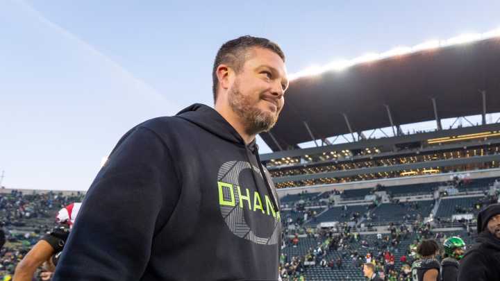 Oregon coach Dan Lanning talks after the win over USC