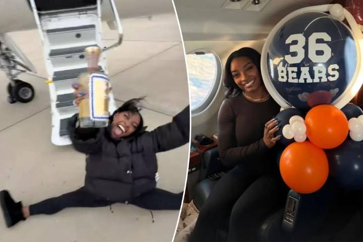 Simone Biles does split with a bottle of tequila after private jet trip for Bears' Black Friday game