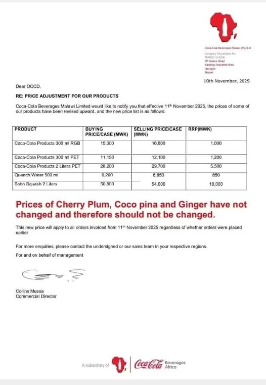 Coca-Cola Malawi Raises Prices on Soft Drinks