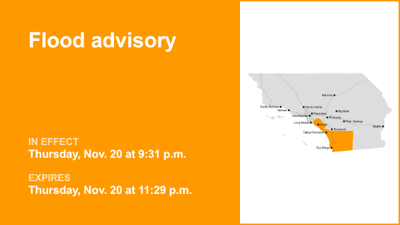 Flood advisory for Orange and San Diego counties Thursday night