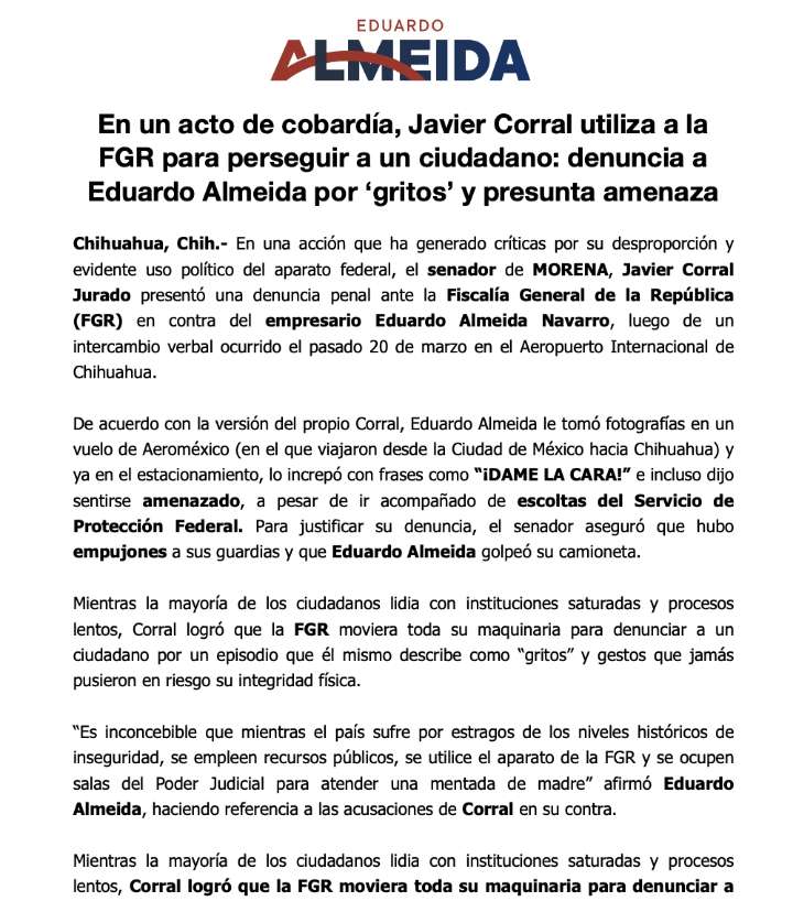 Javier Corral usa la FGR para perseguir a un ciudadano por los ‘gritos’ y empujones en el aeropuerto de Chihuahua