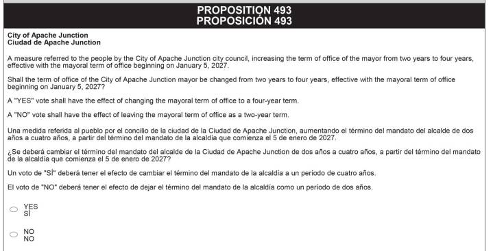 Voters to decide Nov. 4 if Apache Junction mayor’s term increased to 4 years