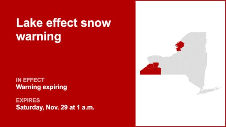 NY weather: Lake effect snow warning for part of New York predicted to expire at 1 a.m.
