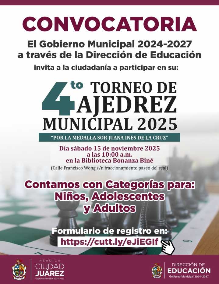 Convoca Dirección de Educación al 4to Torneo de Ajedrez Municipal 2025