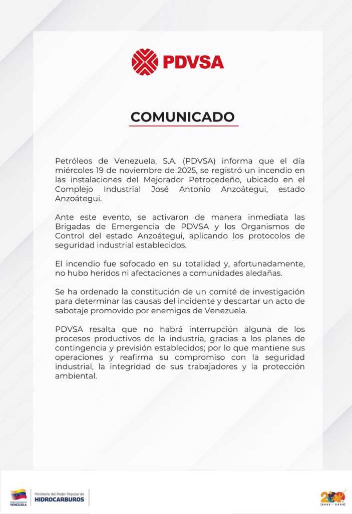 PDVSA abre investigación ante incendio en Anzoátegui para determinar causas y descartar acto de sabotaje