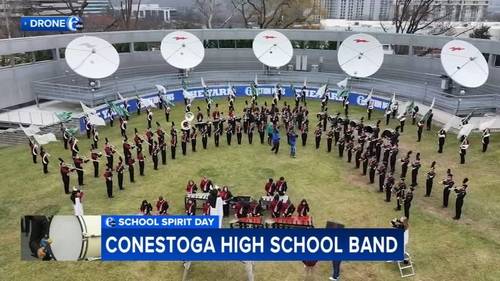 Over 150 students from Conestoga High School marching band bring the beat to the Yard for School Spirit Friday