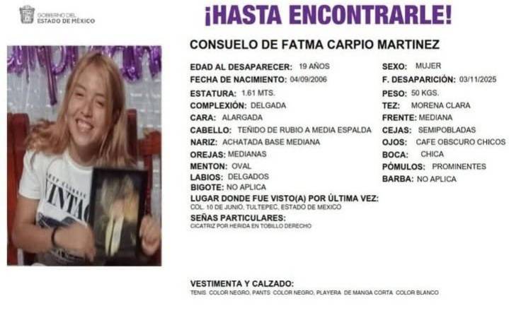 Fátima, de 19 años, subió a una combi en Tultitlán, pero no llegó a su trabajo; lleva 5 días desparecida