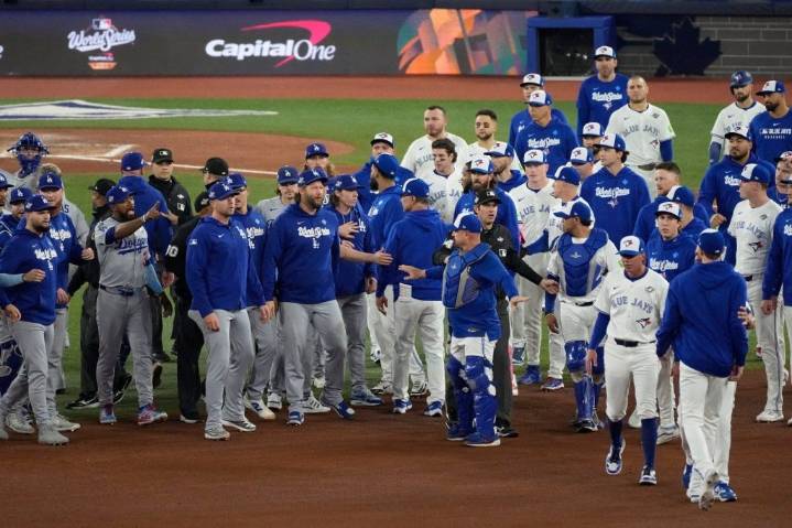 Benches clear at Game 7 of World Series after LA’s Wrobleski hits Toronto’s Giménez with fastball