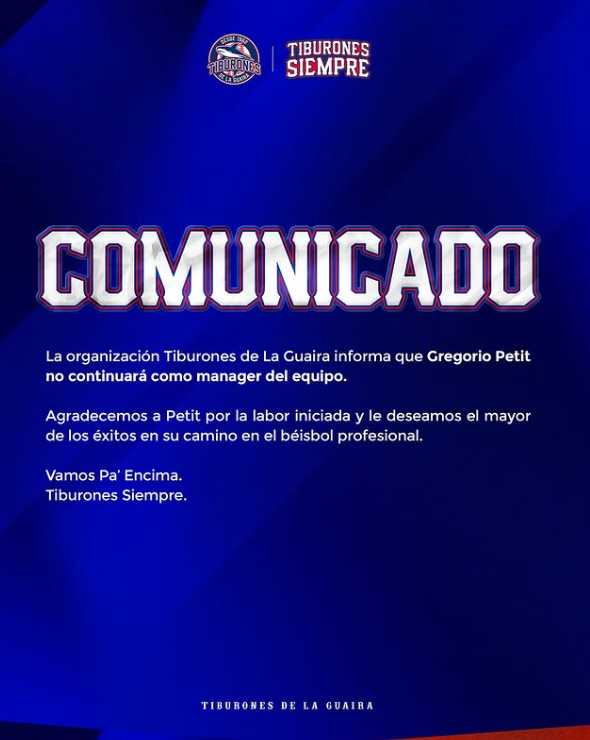 Tiburones de La Guaira despidieron a Gregorio Petit: ¿Quién será el nuevo mánager?