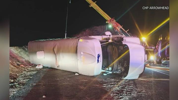 Overturned bus with 36 aboard narrowly misses cliff in San Bernardino Mountains