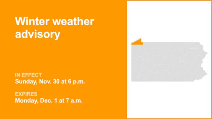 Southern Erie placed under a winter weather advisory until Monday morning