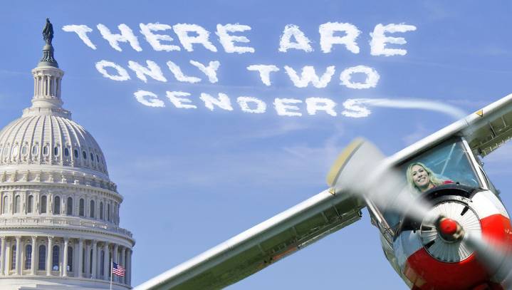 Rep MTG Writes 'THERE ARE ONLY TWO GENDERS' In Skies Above Capitol