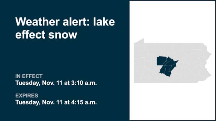 Weather alert issued for lake effect snow in Central Pa. early Tuesday morning
