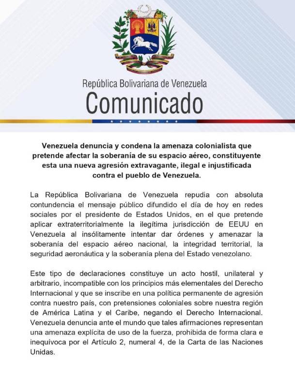 Gobierno venezolano denuncia nueva amenaza de EEUU contra el espacio aéreo