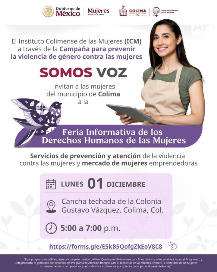 ICM ofrecerá Feria de los Derechos Humanos de las Mujeres en la colonia Gustavo Vázquez de Colima