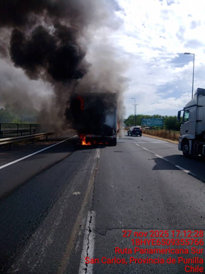 Tractocamión afectado por fuego en ruta 5 sur cerca de San Carlos.