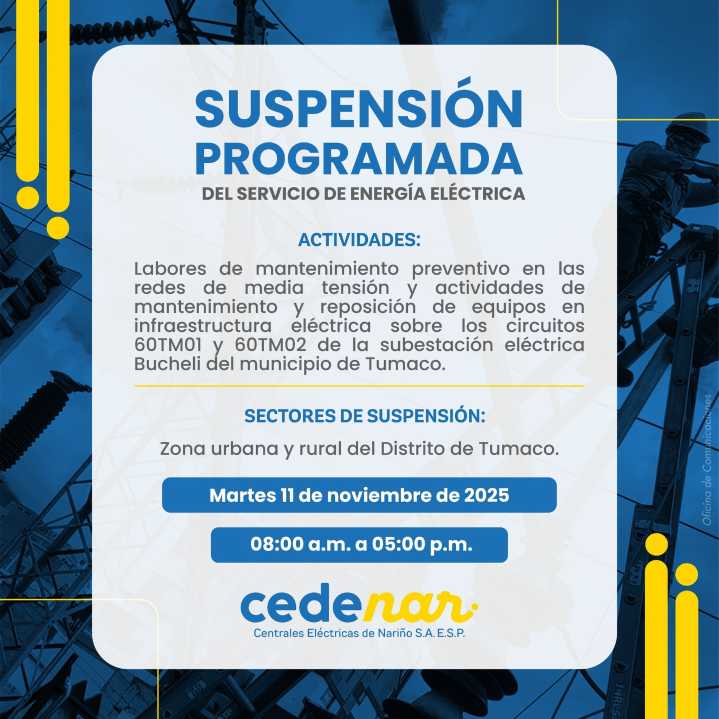 Suspensión programada del servicio de energía eléctrica en Tumaco este martes 11 de noviembre de 2025