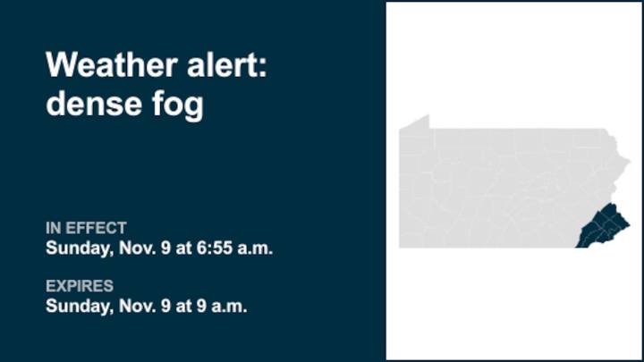 Weather alert announced for dense fog in Southeast Pa. Sunday morning