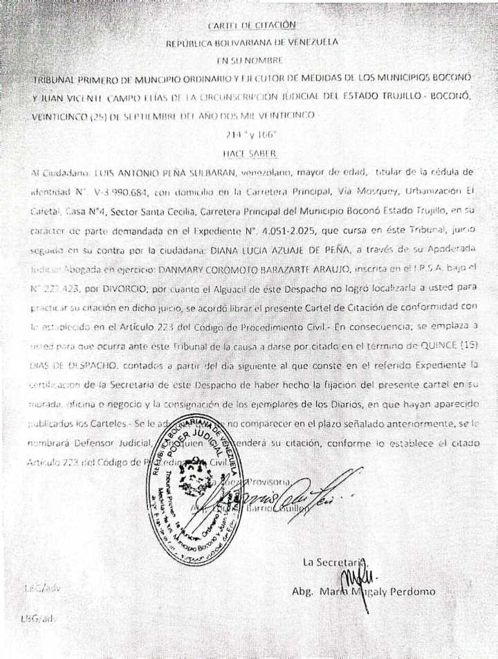 Cartel de citación al ciudadano LUIS ANTONIO PEÑA SULBARAN, titular de la cédula de identidad N° V