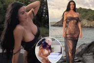 Kim Kardashian wears sheer lace dress on the beach