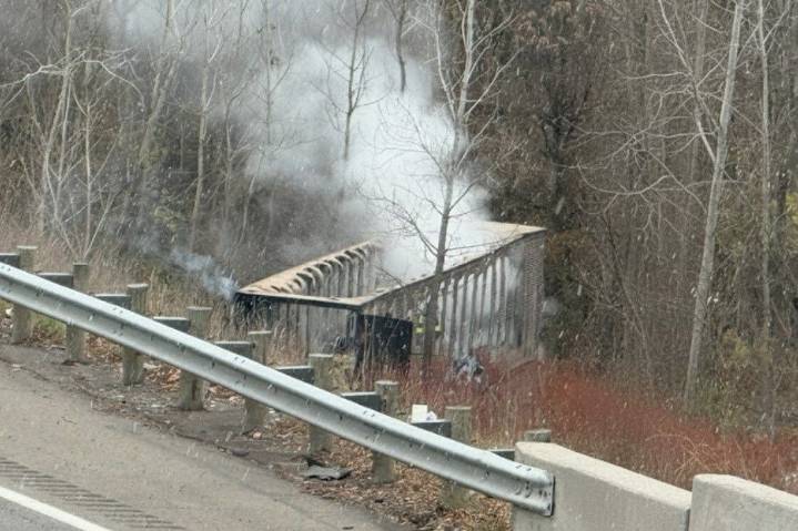 Burning trailer sends smoke across I