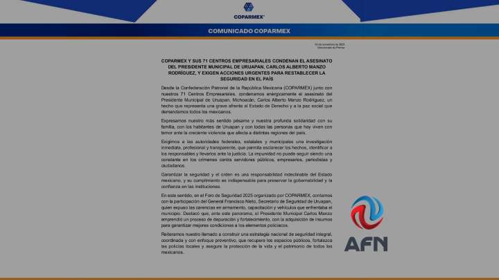 Crimen de edil michoacano es una afrenta al estado de derecho: Coparmex