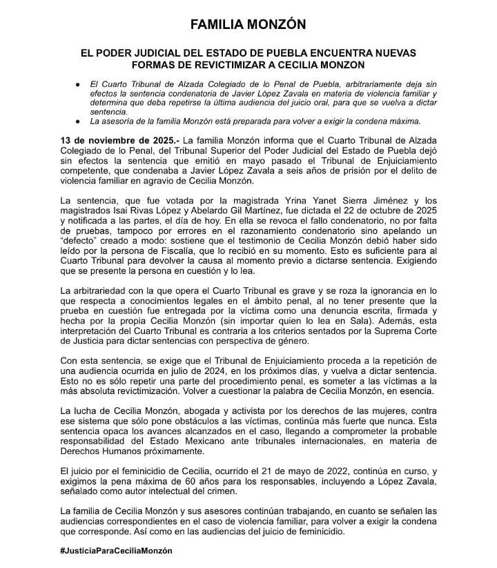 Tribunal de Puebla revoca sentencia contra Javier López Zavala por violencia familiar