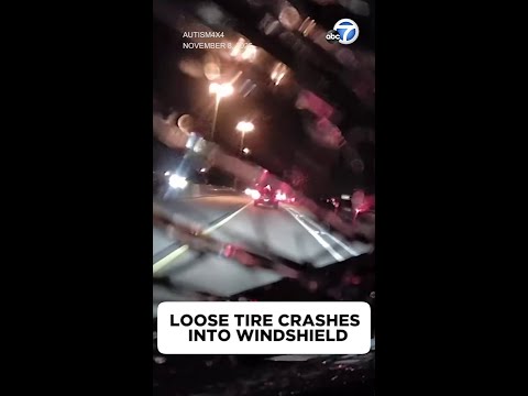 Frightening dashcam shows loose tire crash into driver’s windshield