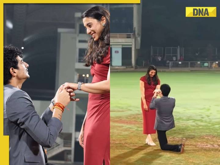 Palash Muchhal proposes to Smriti Mandhana at Mumbai's DY Patil Stadium...