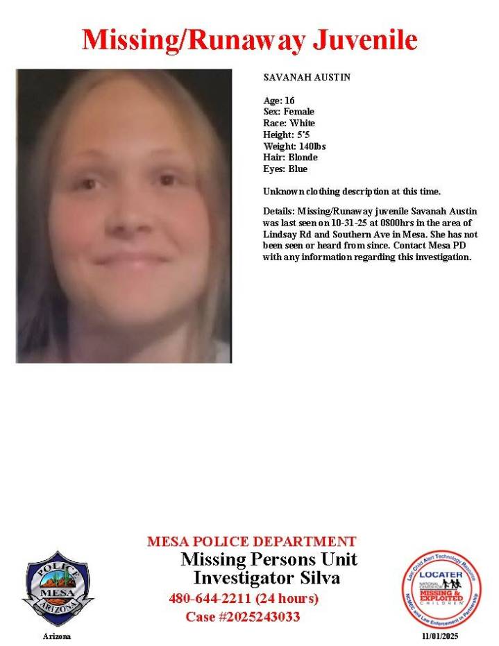 Savanah Austin, 16, missing from Mesa, police say