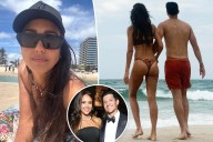 Jessica Alba rocks thong bikini on beach with Danny Ramirez