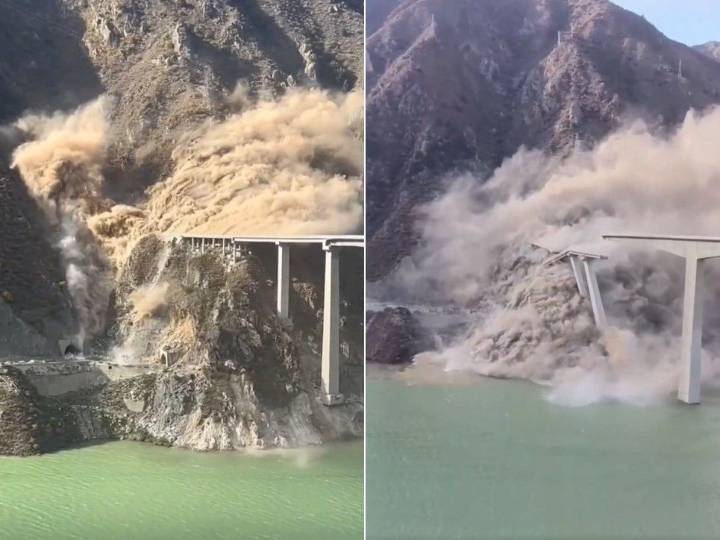 Hongqi Bridge collapse in China during landslide caught on video
