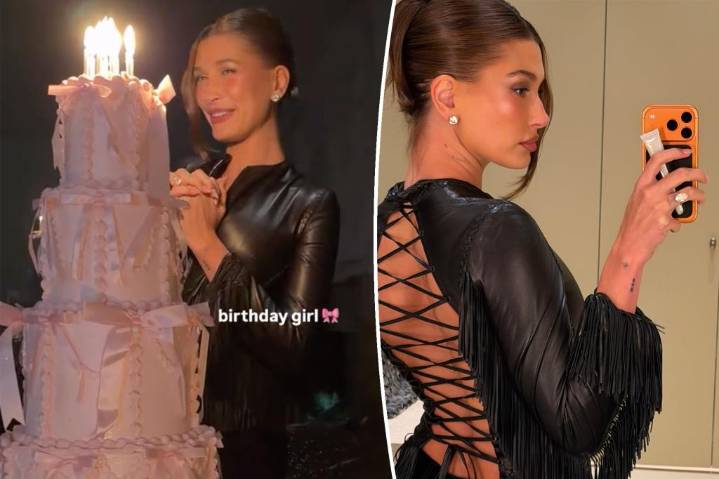 Hailey Bieber wears backless leather top and velvet pants for her 29th birthday dinner