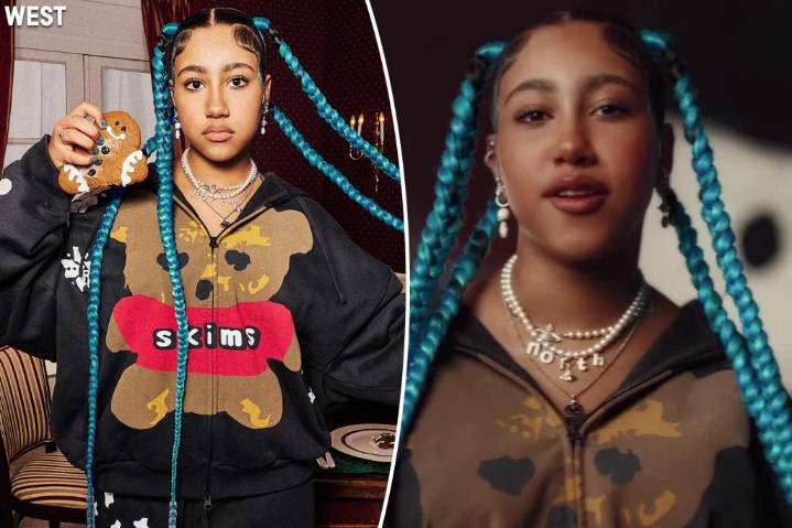 North West shows off hip-length blue braids in Skims holiday campaign for Cactus Plant Flea Market capsule