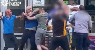 Bloodied kebab shop rivals fight with huge skewers as terrified shoppers look on