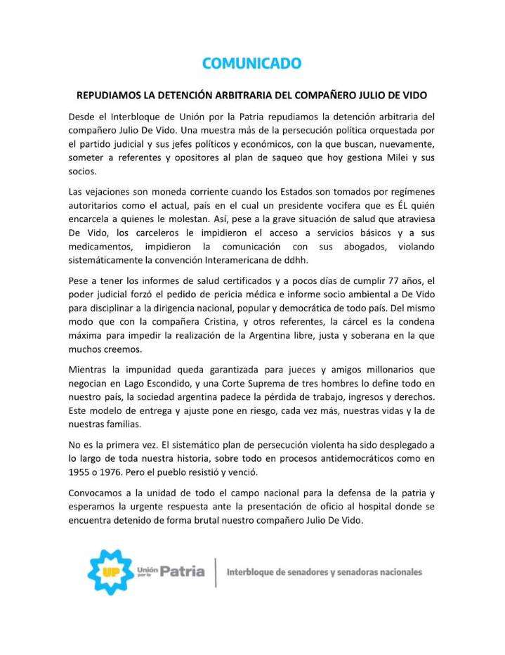 El Interbloque de UP en el Senado de la Nación repudió la detención arbitraria de Julio De Vido