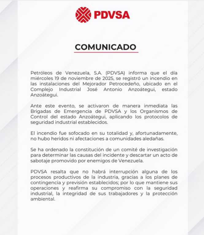 Pdvsa inició investigación para descartar «sabotaje» en el incendio en planta petrolera de Anzoátegui