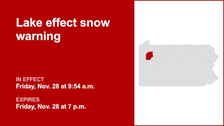 Lake effect snow warning affecting Venango County until Friday evening