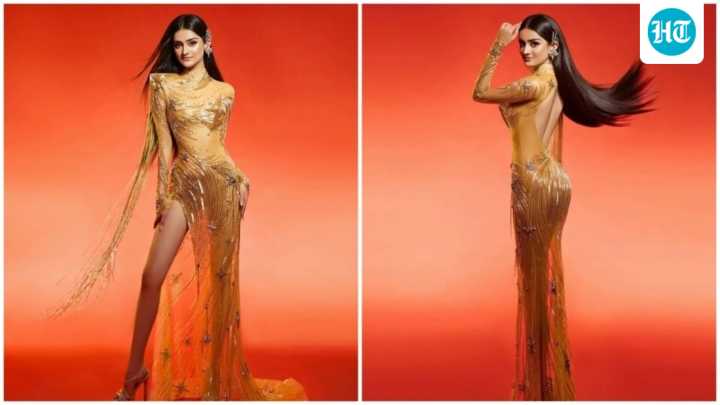 Manika Vishwakarma looked like a vision in golden gown at Miss Universe 2025