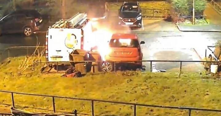 Horror footage shows moment car and van are firebombed