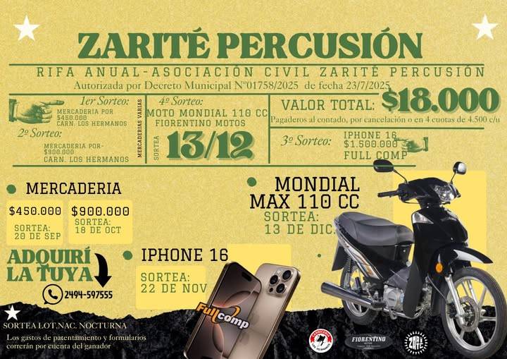 Rifa 2025 de Zarité / Se viene el 3er sorteo con el Iphone el sábado 22