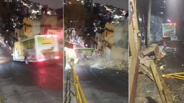 Camión de Jarritos derrapa y choca en 'la bajada del Diablo', en la Álvaro Obregón