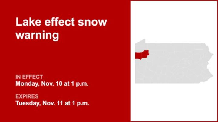 Lake effect snow warning active for Mercer and Venango counties until Tuesday afternoon