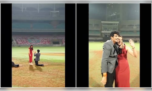 Watch: Palash Muchhal’s surprise proposal to Smriti Mandhana at DY Patil Stadium leaves World Cup champion in tears