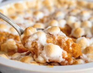 Sensational, savory sweet potato casserole with marshmallows