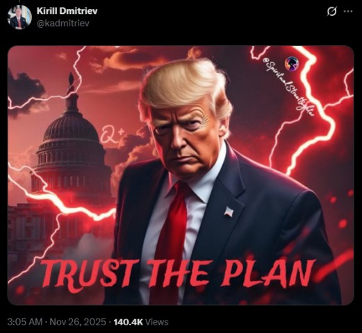 Putin loyalist posts unhinged AI picture of Trump calling for ‘trust’ in ceasefire plan