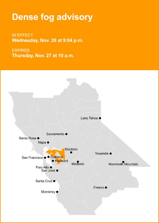 Dense fog advisory affecting East Bay Interior Valleys until Thursday morning